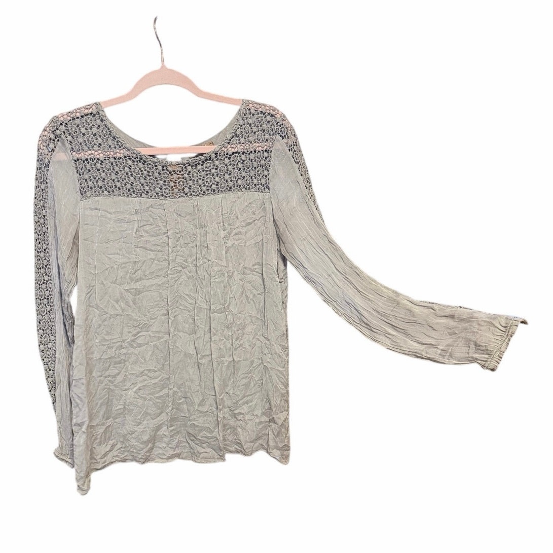 Carla Conti Tan 100% Silk Blouse Long Sleeve Crochet Trim Large Boho Italy Made